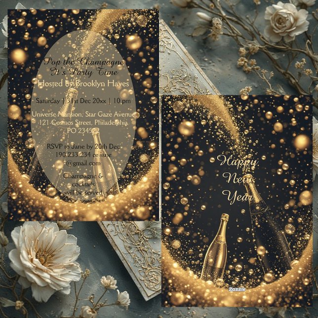 Midnight Black Gold Champagne Drömmar Nyår   Inbjudningar (Midnight Black Gold Champagne Dreams New Year's Invitation)