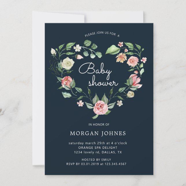 Midnight Bloom Blommig Baby Shower Inbjudan (Framsida)