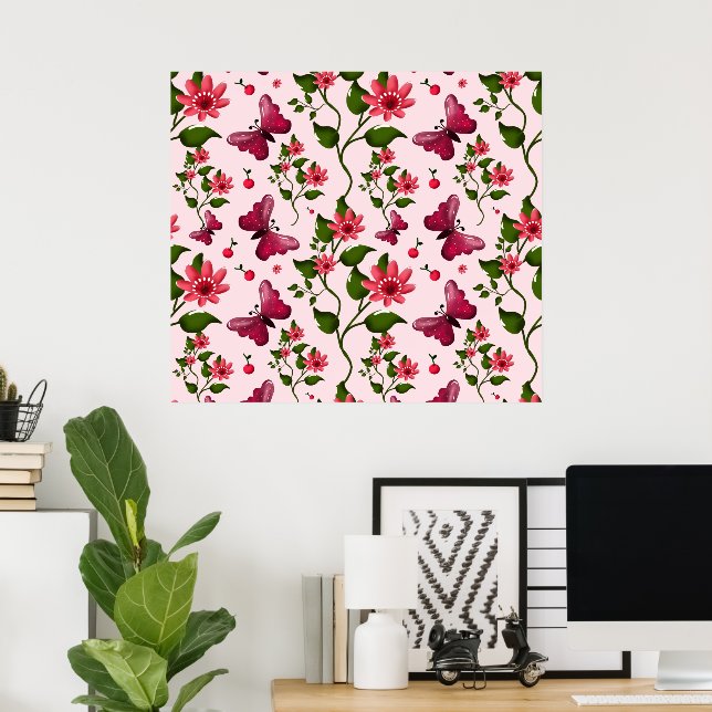 Midnight Bloom Butterfly Blommig matchande festset Poster (Hemmakontoret)