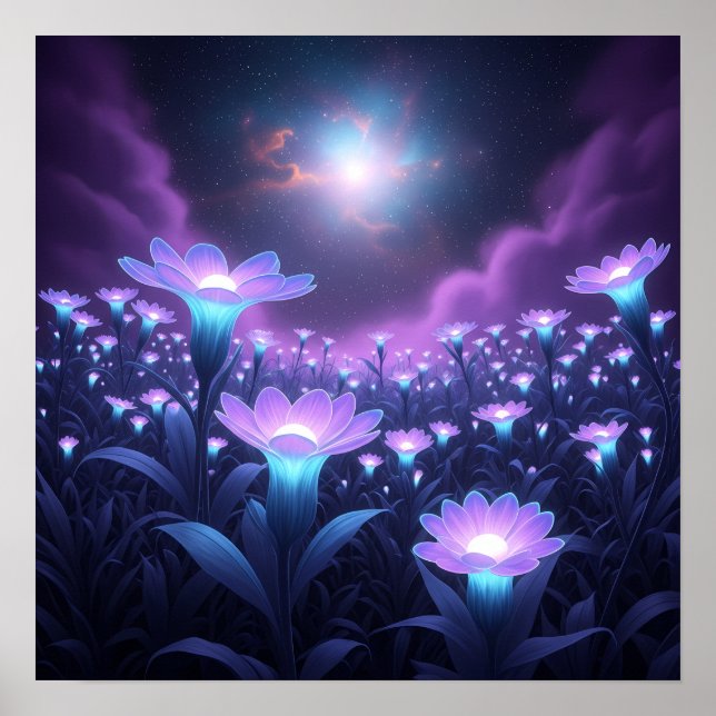 Midnight Bloom Field under Glowing Cosmic Sky Poster (Framsidan)