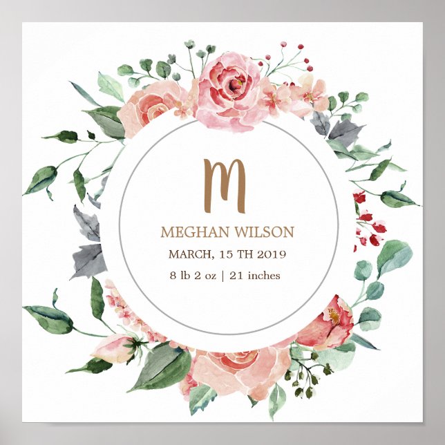 Midnight Bloom Monogram Baby Födelseaffisch Poster (Framsidan)