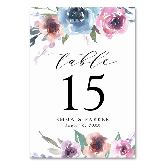 Midnight Blooms | Lila och Blå Blommig Bröllop Bordsnummer (Framsidan)