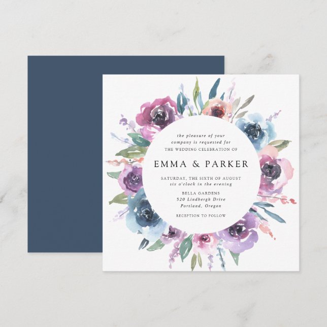 Midnight Blooms | Lila och Blå Blommig Bröllop Inbjudningar (Fram/baksida)