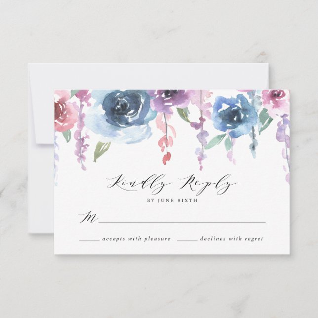 Midnight Blooms | Lila och Blå Blommig Bröllop OSA Kort (Framsida)