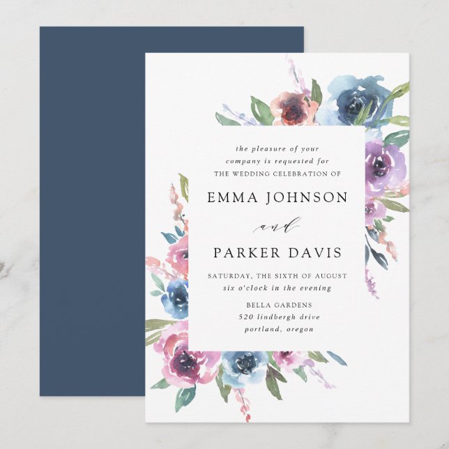 Midnight Blooms | Lila och Blå Blommig Bröllopsfes Inbjudningar (Fram/baksida)
