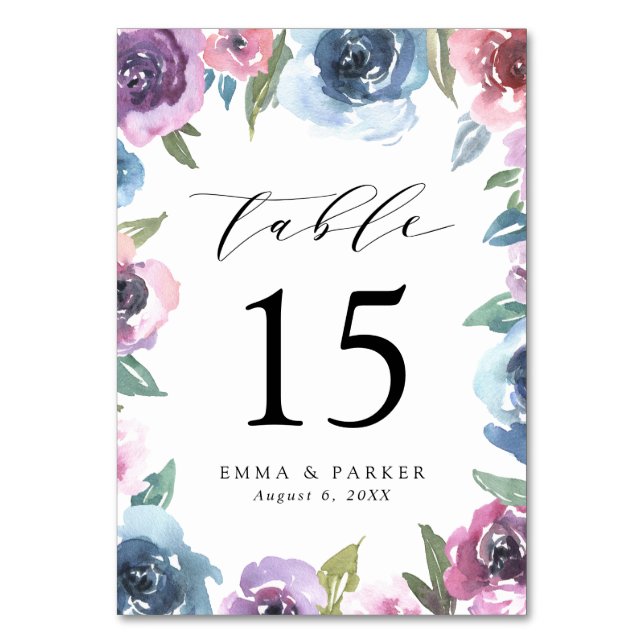 Midnight Blooms | Lila och blå Blommigten Bröllop Bordsnummer (Framsidan)