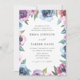 Midnight Blooms | Lila och blå Blommigten Bröllop Inbjudningar