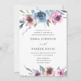 Midnight Blooms | Lila och blå Blommigten Bröllop Inbjudningar