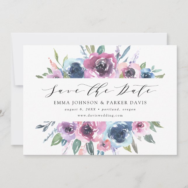 Midnight Blooms | Lila och Blå Blommor Spara Datumet (Framsida)