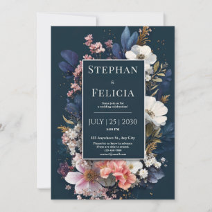 Midnight Blooms Navy Rosa Blommig Bröllop Inbjudningar