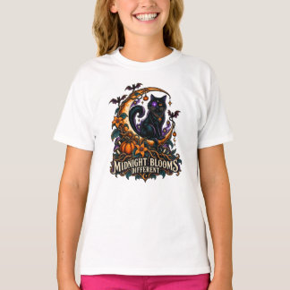 Midnight Blooms Svart Katt Halloween T Shirt