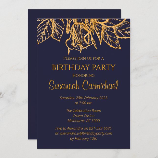 Midnight Blue and Guld Elegant Birthday Inbjudningar (Fram/baksida)