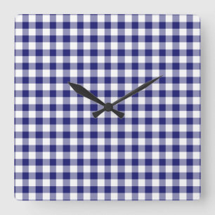 Midnight Blue and White Checkad Gingham Mönster Fyrkantig Klocka