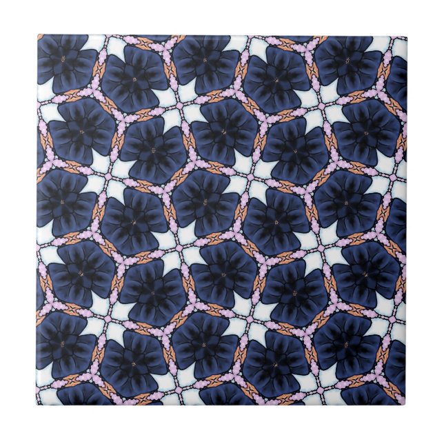 Midnight Blue Blommig Kakelplatta (Framsidan)