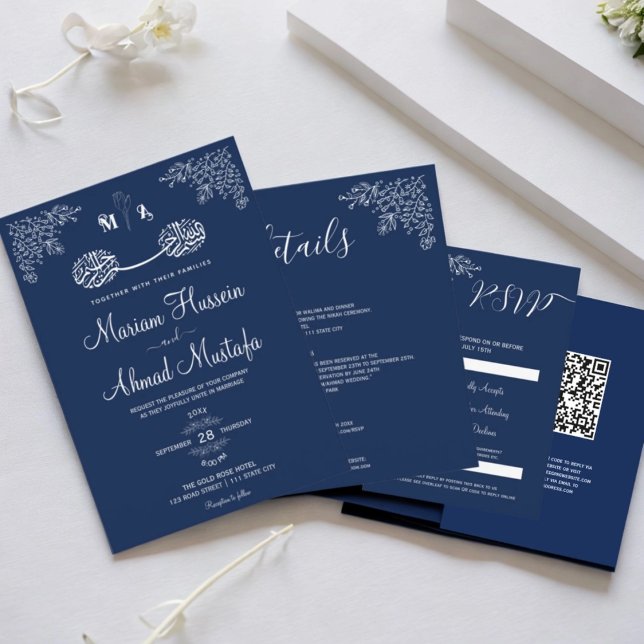 Midnight Blue Blommigt Islamic Muslim Nikah Bröllo Inbjudningar (Midnight Blue Floral Islamic Muslim Nikah Wedding Invitation)