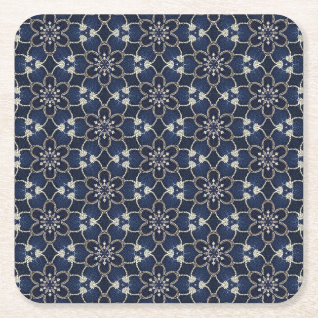 Midnight Blue Blommönster Underlägg Papper Kvadrat (Framsidan)