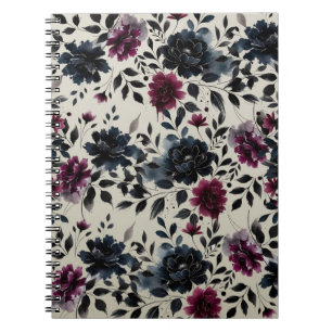 Midnight Blue Burgundy Bläckfärgade Blommiga Mande Anteckningsbok
