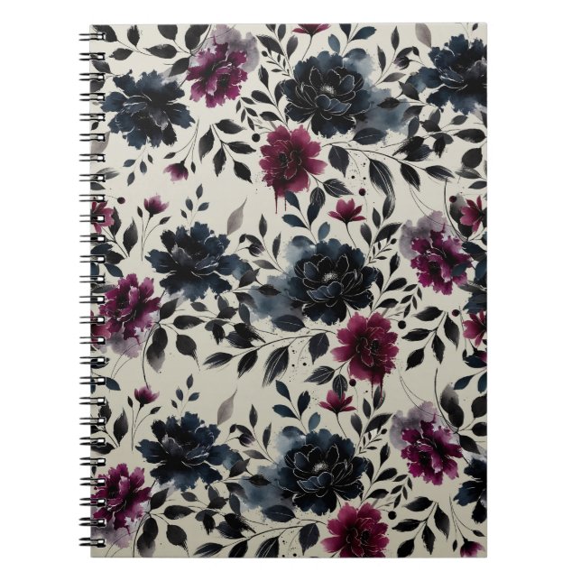Midnight Blue Burgundy Bläckfärgade Blommiga Mande Anteckningsbok (Framsidan)