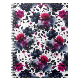 Midnight Blue Burgundy Bläckfärgade Blommiga Mande Anteckningsbok