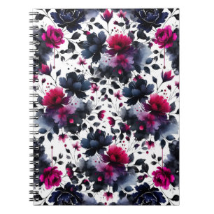 Midnight Blue Burgundy Bläckfärgade Blommiga Mande Anteckningsbok