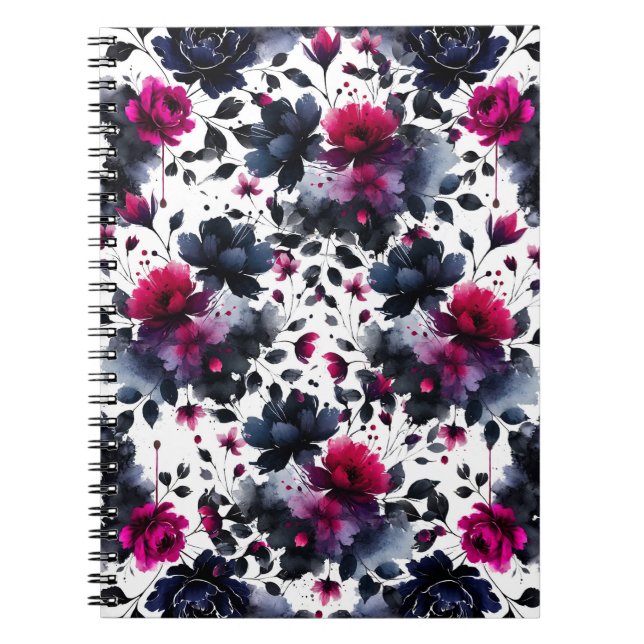 Midnight Blue Burgundy Bläckfärgade Blommiga Mande Anteckningsbok (Framsidan)