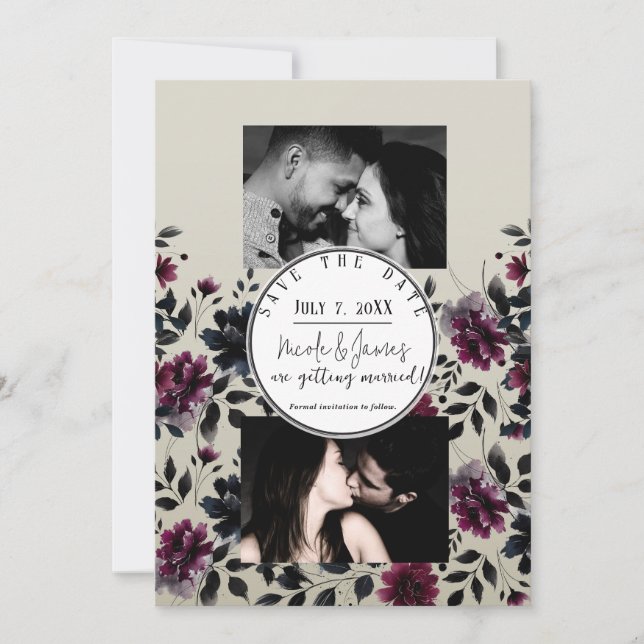 Midnight Blue Burgundy Bläckfärgade Blommiga Mande Inbjudningar (Framsida)