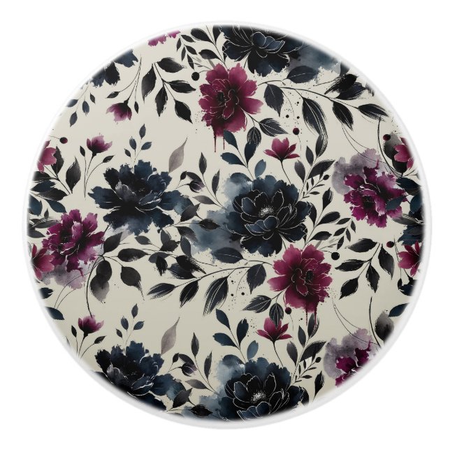 Midnight Blue Burgundy Bläckfärgade Blommiga Mande Knopp (Framsidan)