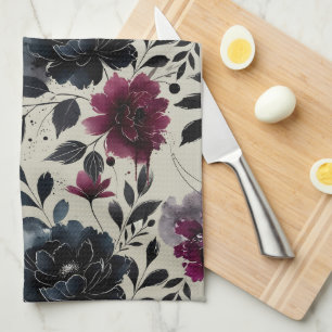 Midnight Blue Burgundy Bläckfärgade Blommiga Mande Kökshandduk