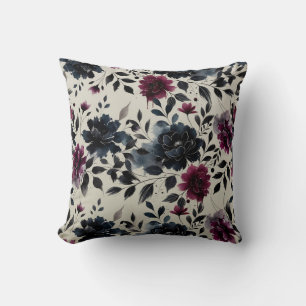 Midnight Blue Burgundy Bläckfärgade Blommiga Mande Kudde