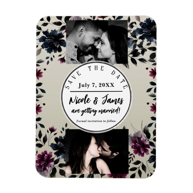 Midnight Blue Burgundy Bläckfärgade Blommiga Mande Magnet (Vertikal)