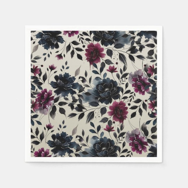 Midnight Blue Burgundy Bläckfärgade Blommiga Mande Pappersservett (Framsidan)