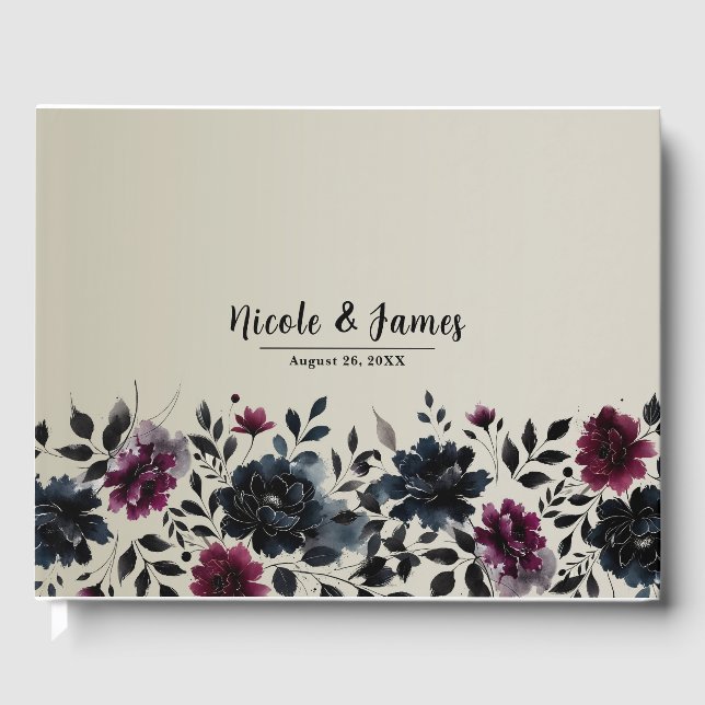 Midnight Blue Burgundy Inky Blommigt Almond Bröllo Gästböcker (Framsida)
