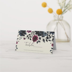Midnight Blue Burgundy Inky Blommigt Almond Bröllo Placeringskort