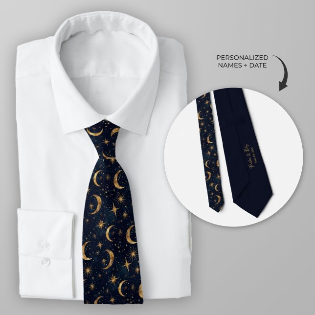 Midnight Blue Celestial Måne och Stars Slips (Celestial Moon and Stars Wedding Necktie)