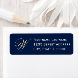 Midnight Blue Champagne Script Monogram-adress Returadress Etikett