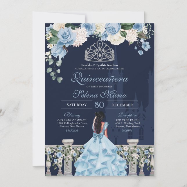 Midnight Blue Cinderella Princess Quinceañera Inbjudningar (Framsida)