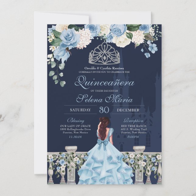 Midnight Blue Cinderella Princess Quinceañera Inbjudningar (Framsida)