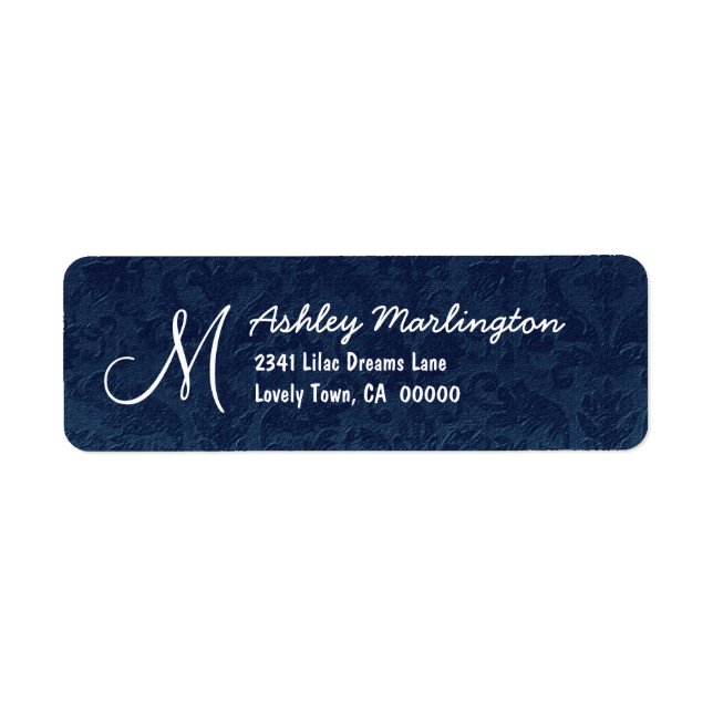 MIDNIGHT BLUE Damask Wedding Monogram B529 Returadress Etikett (Framsidan)