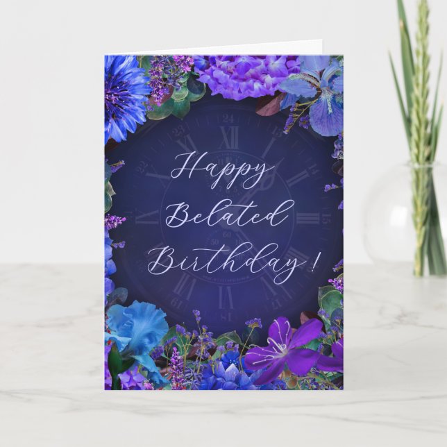 Midnight Blue Floral Belated Birthday Card Kort (Framsida)