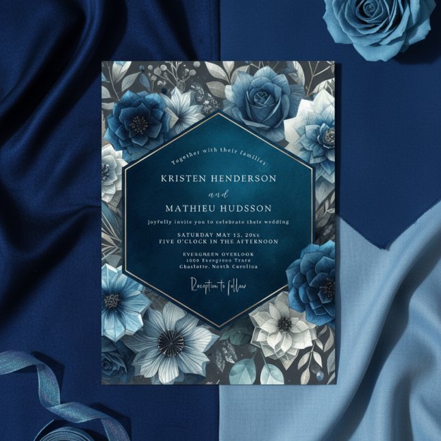 Midnight Blue Floral Bloom Wedding Inbjudningar (Skapare uppladdad)