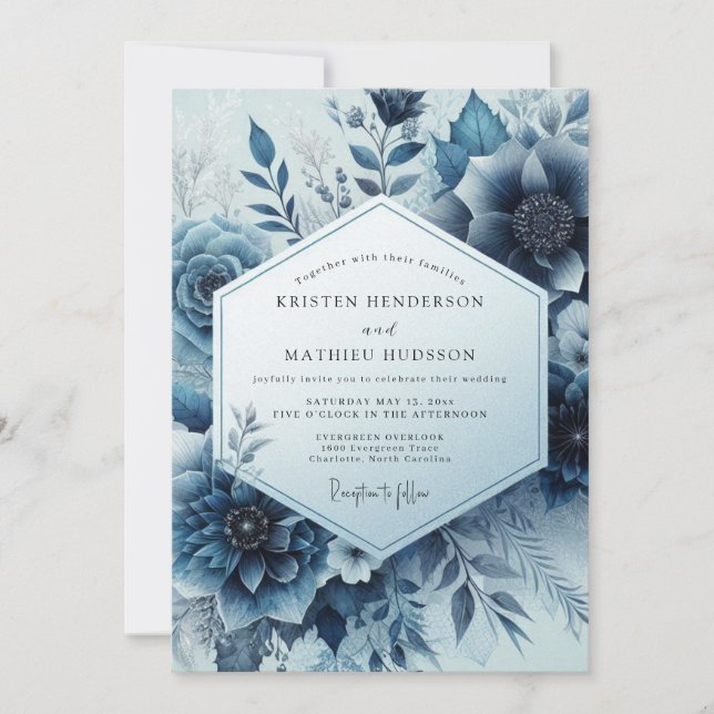 Midnight Blue Floral Bloom Wedding Inbjudningar (Framsida)