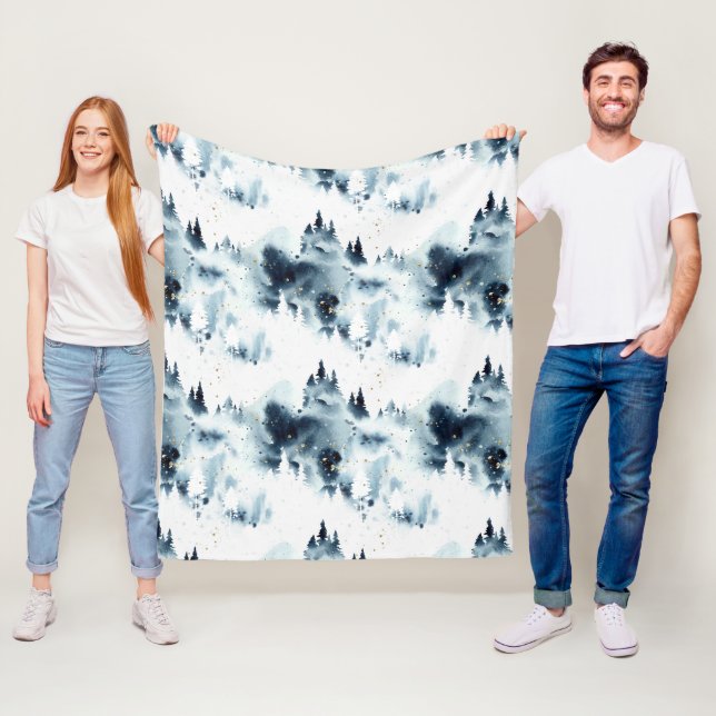 Midnight Blue Forest Watercolor Mönster Fleecefilt (På plats)