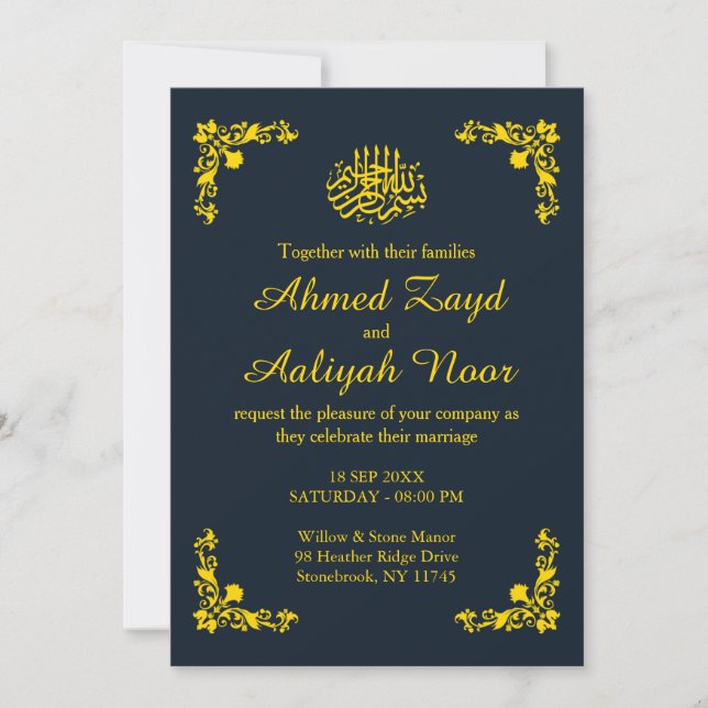 Midnight Blue & Gold Floral Nikah & Waleema Inbjudningar (Framsida)