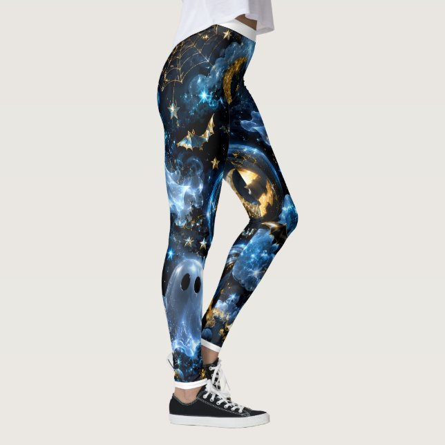 Midnight Blue Gold Ghosts & Pumpkins Halloween Leg Leggings (Höger)