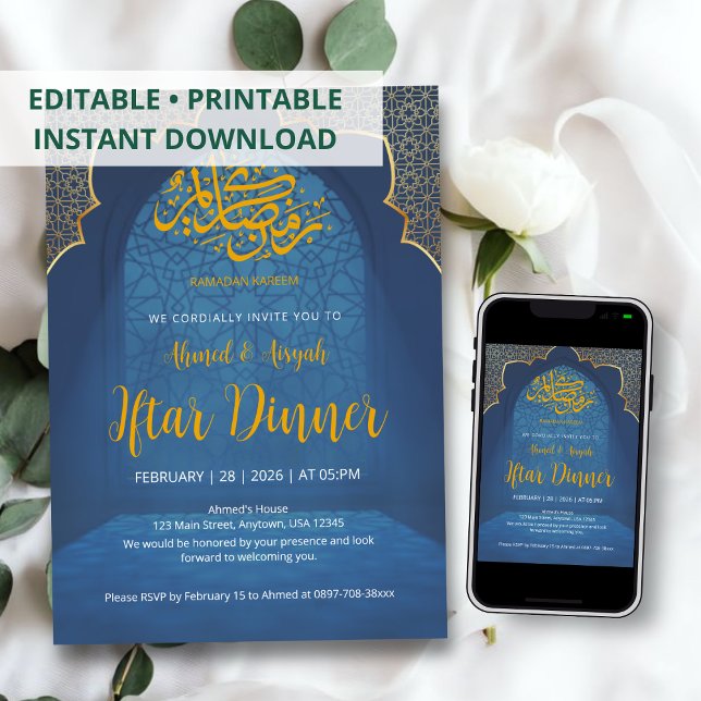 Midnight Blue & Gold Islamic Arch Iftar Invitation Inbjudningar (Skapare uppladdad)