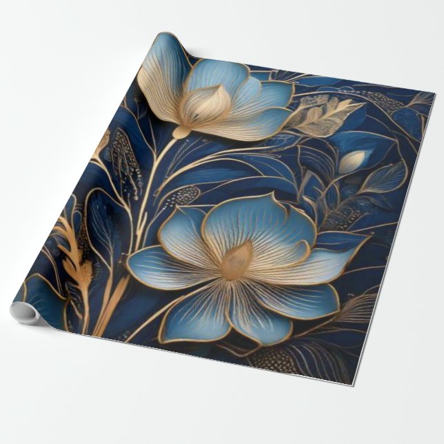 Midnight Blue & Guld Blommig Filigree Lyx Presentpapper (Utrullad)