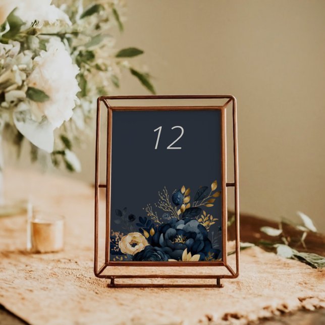 Midnight Blue Guld Luxe Blommigt Bröllop Bord kort (Skapare uppladdad)