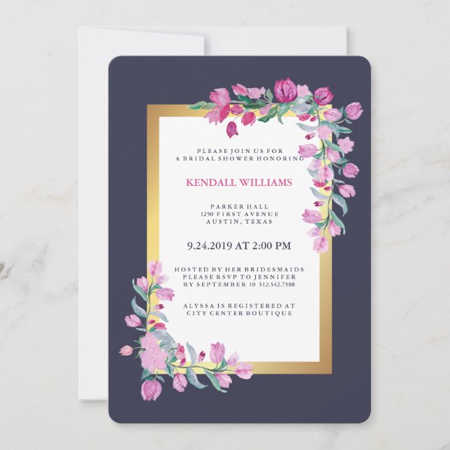 Midnight Blue, Guld och Rosa Bougainvillea Flowers Inbjudningar (Framsida)
