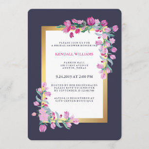 Midnight Blue, Guld och Rosa Bougainvillea Flowers Inbjudningar