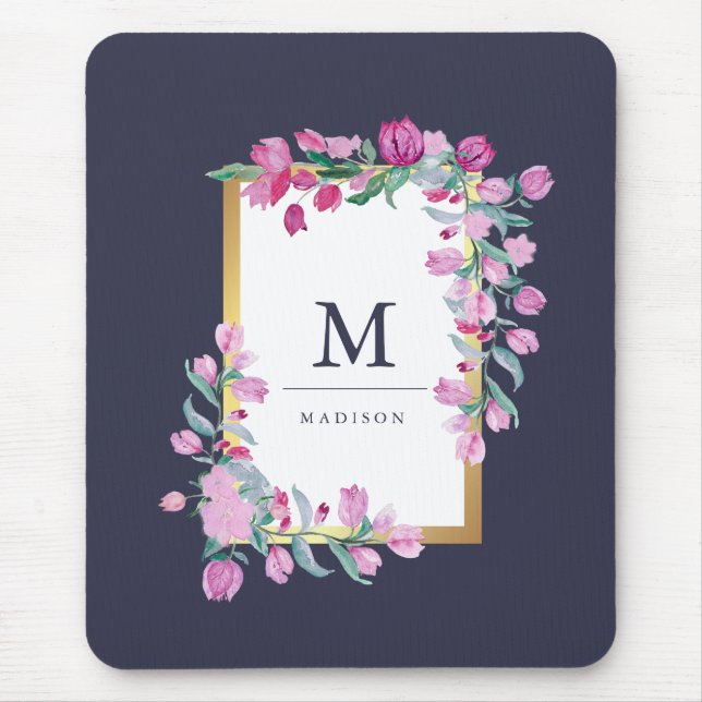 Midnight Blue, Guld och Rosa Bougainvillea Flowers Musmatta (Framsidan)